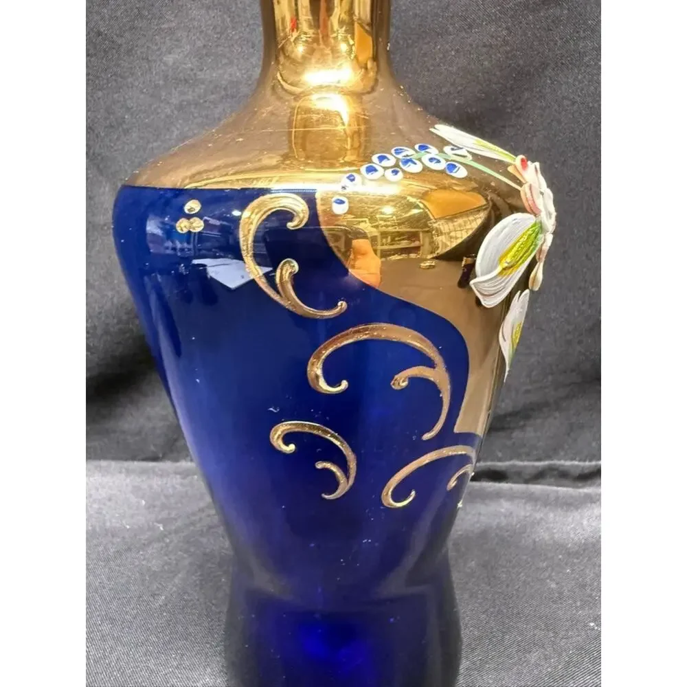 Cobalt Blue & Gold Bohemian Style Decanter (5) Shot Glasses Hand Painted Flowers